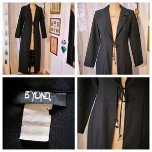 Vintage 90s Y2K B'YOND Mod Black Long Tie Front Duster Coat Whimsigoth Witch S